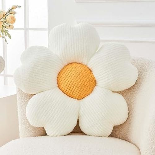Kcvvcr Flower Throw Pillow, Cute Flower Shaped Pillow Decorative Throw Pillow for Bed Couch, Soft Daisy Pillows Floor Seating Cushion Cushions (14.9 Inch White+Yellow)