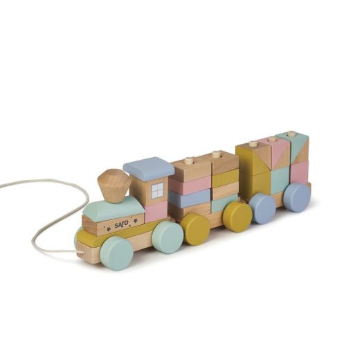 Saro Wooden Train Set With Blocks - Classic Toy For Fine Motor Skills