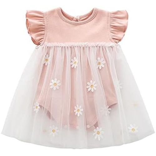 Vivobiniya Toddler Girl Ruffle Daisy Tulle Bodysuit Dress Baby Girl Romper Long Short Sleeve Clothes