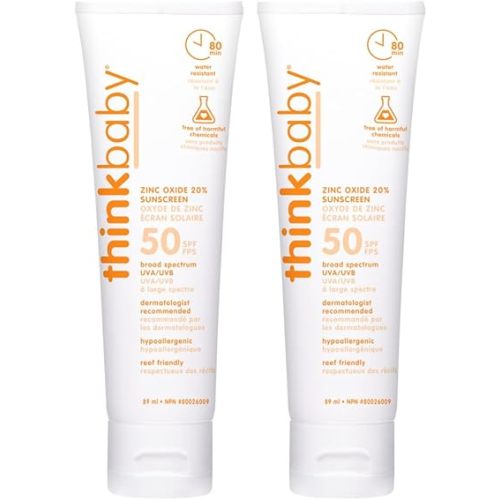 Thinkbaby SPF 50 plus Baby Mineral Sunscreen – Safe, Natural Sunblock for Babies - Water Resistant Sun Cream – Broad Spectrum Sun Protection – Vegan Baby Sunscreen Lotion, 3 Oz, Pack of 2