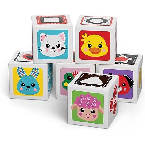 Kids Hits My First Wooden Cubes – 6-Piece Eco Stacking and Matching Block Set with Farm Animals, Numbers & Shapes – Montessori Toy for Toddlers 1+