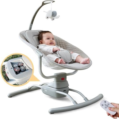 Baby Swings for Infants, Electric Baby Swing 3 Speeds, Portable Automatic Rocker for Newborn 5-20lbs with Remote Control, 8 Music Soothing, AC Adapter & Battery Operated, Light Grey