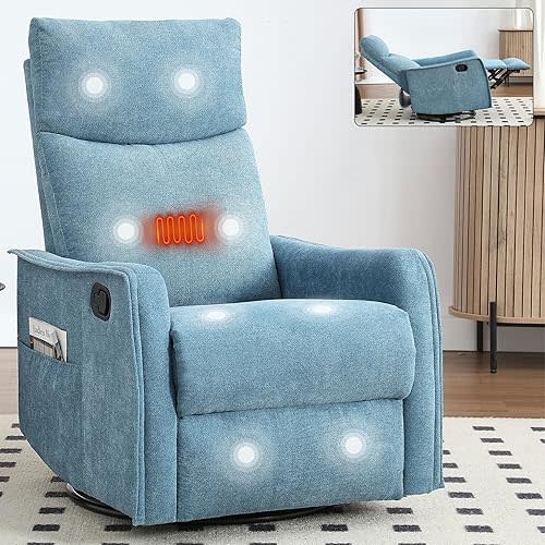 Rocker Recliner Chair for Adults, Swivel Rocker Recliner with Massage and Heat, Adjustable Glider Recliner Nursery Chair with Black Metal Base, Small Recliners for Small Spaces, Living Room (Blue)