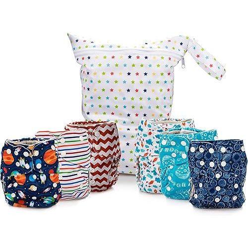 Simple Being Reusable Cloth Diapers, Double Gusset, One Size Adjustable, Washable Soft Absorbent, Waterproof Cover, Eco-Friendly Unisex Baby Girl Boy, six 4-Layers Microfiber Inserts (Space)