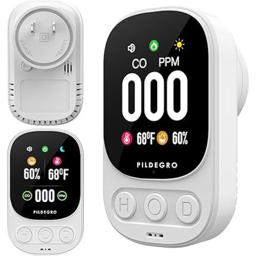 3-in-1 Carbon Monoxide Detector Plug in, Professional 2.1" LED Plug-and-Play Real-Time CO Monitor with Temp & RH, Premium Portable Travel CO Alarm with 85dB Loud Alarm (White/Classic)