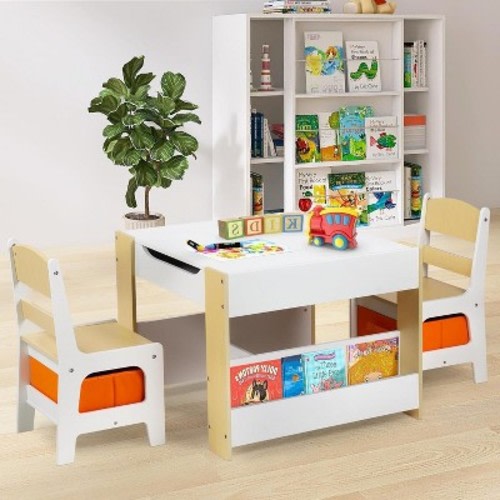 Kinder King Kids Wood Table & 2 Chairs Set, 4 in 1 Children Activity Table w/Double Bookcase, Blackboard, Toddler Furniture Set, Natural