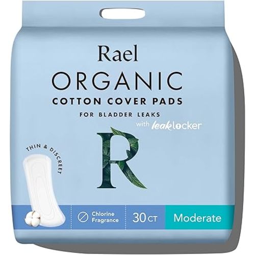 Rael Incontinence Pads for Women, Organic Cotton Cover, Postpartum Essential, Heavy Absorbency, Bladder Control, 4-Layer Core with Leak Guard Technology, Long Length (Moderate, 30 Count)