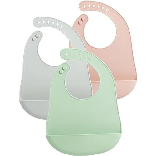 PandaEar 3 Pack Baby Bibs for Eating with Food Catcher, Waterproof Silicone Bibs for Babies Toddlers Boys Girls, Adjustable Baby Food Feeding Bibs, BPA Free