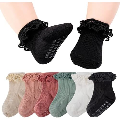 Baby Girl Ruffle Socks Non Slip Grips Cute Cotton Lace Ankle Pageant Dress Socks Newborn Infant Preemie 0-3 Months