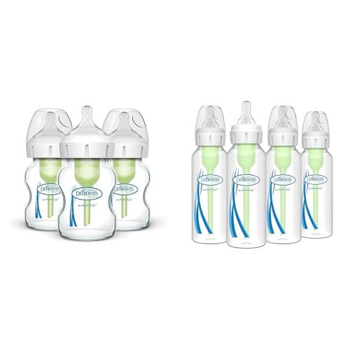 Dr. Brown's Natural Flow Anti-Colic Options+ Wide-Neck Glass Baby Bottles 5 oz/150 mL & Natural Flow® Anti-Colic Options+™ Narrow Baby Bottles 8 oz/250 mL, with Level 1 Slow Flow Nipple, 4 Pack, 0m+