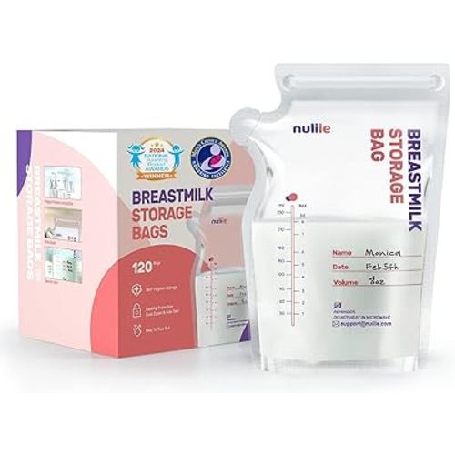 Nuliie 120 Pcs Breastmilk Storage Bags, 8 OZ Breast Milk Storing Bags, BPA-Free, Milk Storage Bags with Pour Spout for Breastfeeding, Self-Standing Bag, Space Saving Flat Profile
