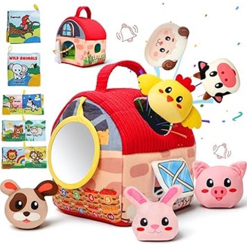 Baby Toys 6-12 Months, Barn Farm Stuffed Animals Sensory Newborn Toys for Babies Toddlers 1-3 Year Old with Rattle Crinkle Paper/Mirror/Cloth Books, Montessori Infant Toys for Boy Girl Birthday Gifts