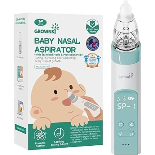 GROWNSY Nasal Aspirator for Baby with Protection Mode, Electric Nose Suction for Baby, Automatic Baby Nose Sucker with 3 Silicone Tips, Adjustable Suction Level, Music and Light Soothing Function