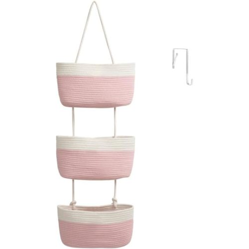 TeoKJ Over the Door Organizer, 3-Tier Woven Cotton Hanging Kitchen Baskets Storage Organizer Bag with Hooks Wall-Mounted Decorative Rope Baskets - Pink+White