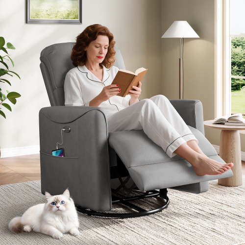 Domusensus Power Swivel Recliner Chair, 360° Swivel Rocker with Infinite Position, PU Leather Electric Recliner with USB Port, Grey