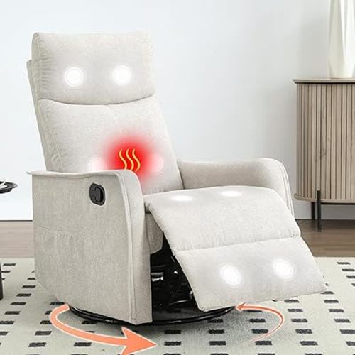 Manual 360° Swivel Rocker Recliner Chair for Adults, Overstuffed Glider Chair for Nursery with Vibration Massage and Heat, Comfy Soft Fabric Glider with Side Pockets for Living Room, Beige