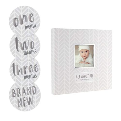Pearhead Herringbone Baby Memory Book with Included Baby Belly Stickers, Modern Baby Keepsake Journal With Monthly Milestone Stickers, 5 Year Baby Book, Gender-Neutral Gift For New And Expecting Moms