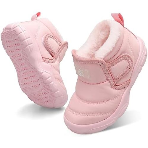 QFH Baby Girls Winter Warm Shoes Cozy Fleece Snow Boots Toddler Non-Slip Walking Shoes Infant Outdoor Water Resistance Faux Fur Booties
