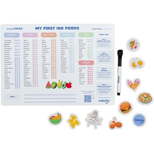 CATCHY - My First 100 Foods Tracker Set - 1 Magnetic Whiteboard Checklist, 10 Fridge Magnets + 1 Marker - Lists All Major Food Groups + Key Allergens - with Expert Tips - Reusable