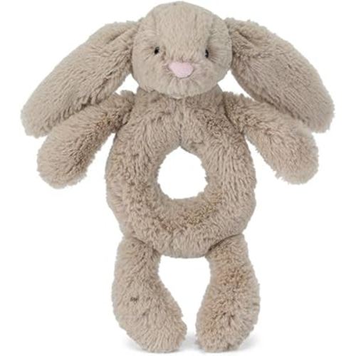 Jellycat Bashful Beige Bunny Stuffed Animal Ring Rattle, 7 inches - Bunnies & Rabbits Plush Rattle for Babies - Baby Gift