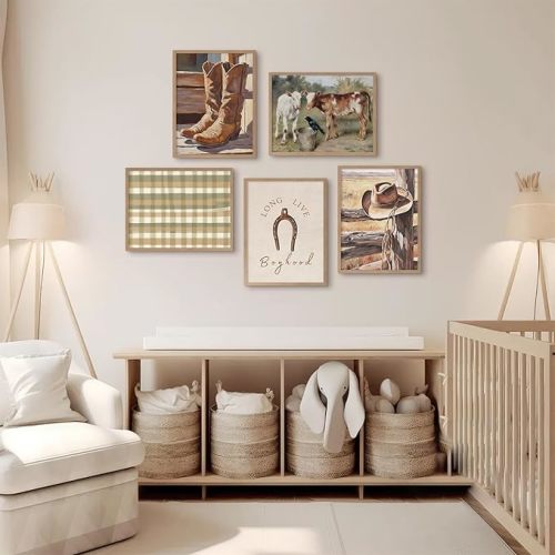 Cowboy Wall Art Nursery Canvas Pictures Western Cow Wall Decor Boys Room Prints Vintage Poster Baby Children Pictures Rustic Painting Cowboy Hats Artwork for Farmhouse Bedroom 12x16 Inch Unframed
