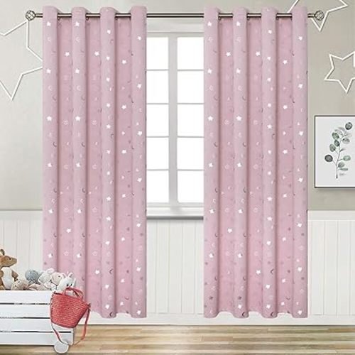 BGment Pink Curtains for Girls Bedroom 84 Inch Long, Star and Moon Blackout Curtains for Kids Room, Room Darkening Thermal Insulated Window Grommet Curtains for Nursery, 52 Wide, 2 Panels, Light Pink