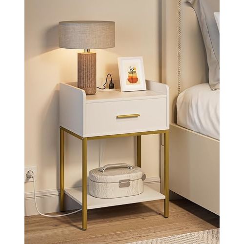 Nightstand with Charging Station,3-Tier Modern Bedside Table Night Stand with Storage Drawer and Shelf,Small End Side Table for Bedroom,Living Room,White