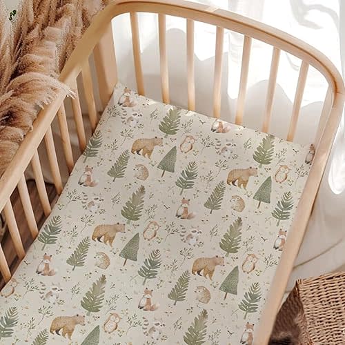 Woodland Forest Animals Crib Sheets, Woodland Bears Trees Baby Fitted Crib Sheet for Standard Crib and Toddler Mattress, Unisex Animals Print Nursery Crib Mattress Sheet for Baby Boys Girls-28 * 52