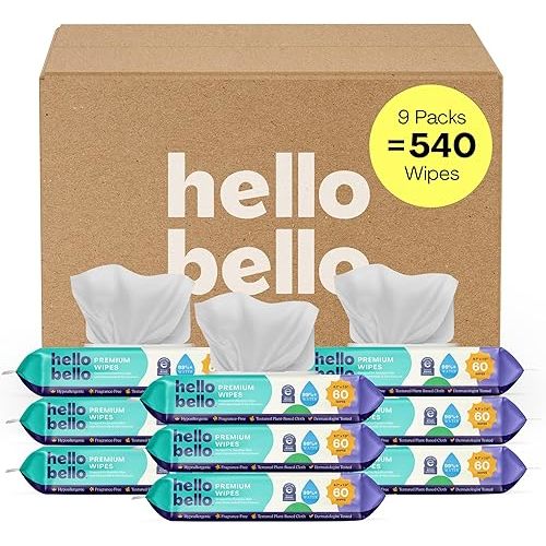 Hello Bello Premium Fragrance-Free Baby Wipes, with Chamomile & Aloe Extracts for Sensitive Skin - 9 Resealable Packs = 540 Total Wipes