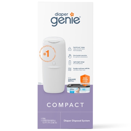 Diaper Genie Compact Pail, White, 1 Pail, 1 Square Refill - 165 Count, Infant