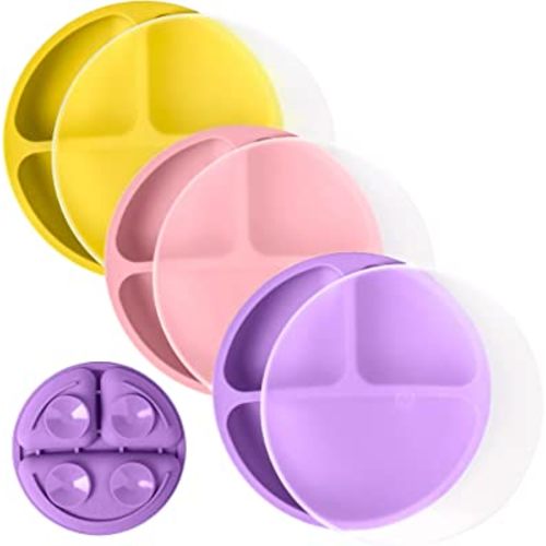 WeeSprout Suction Plates with Lids for Babies & Toddlers | 100% Silicone | Plates Stay Put with Suction Feature | Divided Design | Microwave & Dishwasher Safe | 3 Pack