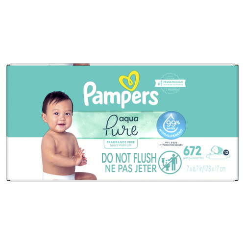 Pampers Aqua Pure Hypoallergenic Baby Wipes, 99% Water, Unscented, 672 Count, 12-Pack