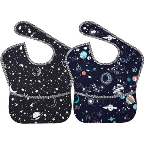 Bibs Cute Baby Stuff 2Packs for 6-24 Months Waterproof Washable Fabric - Space