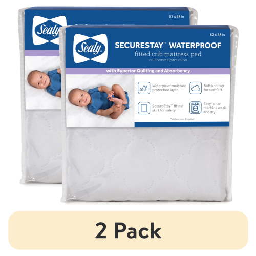 (2 pack) Sealy SecureStay Waterproof Crib Mattress Pad, Easy Clean Washable, Crib/Toddler Bed, White