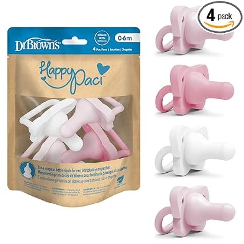 Dr. Brown's HappyPaci 100% Silicone Baby Pacifier, Contoured One-Piece Design, Light Pink/Pink/White, 0-6m, BPA-Free, 4-Pack