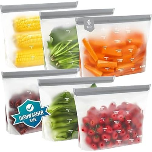 IDEATECH Reusable Bags Dishwasher Safe, BPA Free Reusable Freezer Bags Stand Up, Leakproof Silicone Bags for Food Storage Containers, Salad Fruit,Vegetables,Traval, Home Organization -Gray 6 Gallon