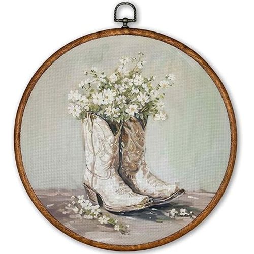 TLESKE White Preppy Western Cowgirl Round Wall Art Decor, Vintage Cowgirl Boots Framed Canvas Prints Wall Art Artwork, Wall Hanging Room Door Decor for Teen Girls Room Dorm Bedroom, 10x10in