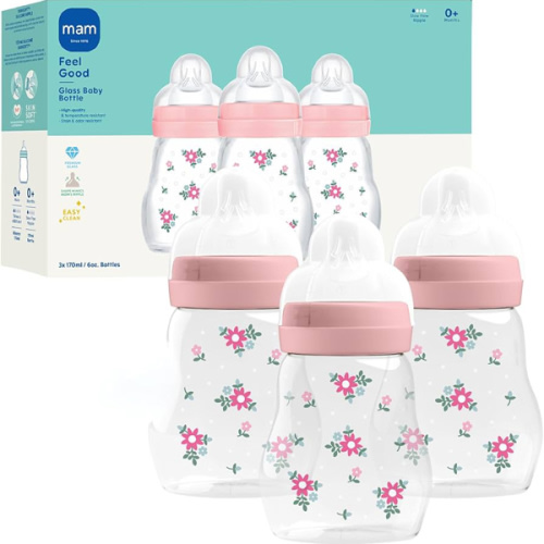 MAM 6oz Premium Glass Wide Neck Baby Bottle with Slow Flow Breastfeeding-Like Silicone Nipple, Easy to Clean,BPA Free, 0+ Months, Easy Switch Between Breast and Bottle, Made in Europe, 3 Pack Girl
