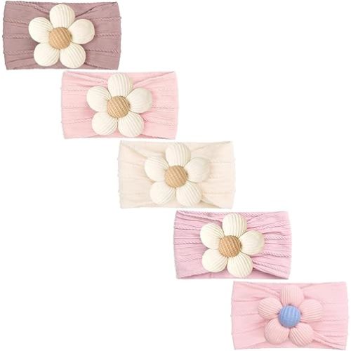 CÉLLOT 5 Pcs Baby Flower Headbands Baby Girls Nylon Headbands Soft Hairbands Hair Accessories for Newborn Infant Toddler Kids(Pink)