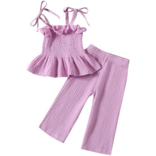 Toddler Baby Girl Clothes Sleeveless Tie-Up Ruffle Tops Linen Pants Set Infant Summer Outfits