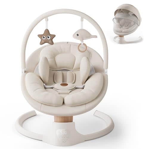 Baby Swings for Infants, FasonBaby Electric Baby Swing with Music Speaker, 5 Speeds, Remote Control and Bluetooth - Portable Infant Swing for Indoor and Outdoor (Beige)