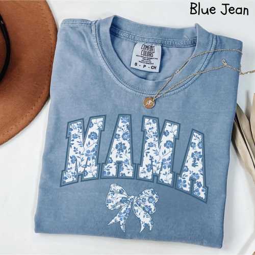 Comfort Colors® Mama Shirt, Blue Ribbon Shirt, Mothers Day Gift, Girly Aesthetic Gift For Mom, Cute Mom Shirt, Bow Shirt, Chinoiserie Shirt