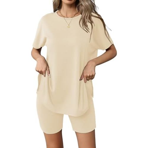 Ekouaer Women's 2 Piece Lounge Set 2025 Summer Biker Shorts Set Outfits Short Sleeve Oversized Top Matching Tracksuit