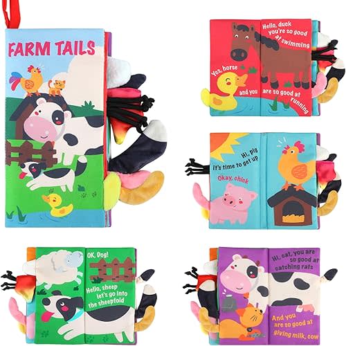 beiens Baby Books Toys, Touch and Feel Crinkle Cloth Books for Babies, Infants & Toddler, Early Development Interactive Car & Stroller Soft Toys for Boys & Girls (Farm Tails-1 Book)