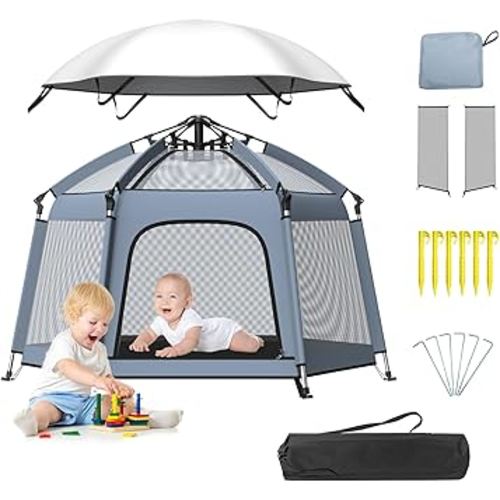 Pop up Playpen with Canopy - Portable Baby Beach Tent - Indoor & Outdoor for Baby and Toddler, Foldable, Portable W/Canopy & Travel Bag - Grey