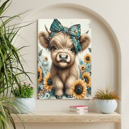 WFSposter Teal Highland Cow Wall Art Canvas Print Pictures 16"x24" Farmhouse Wall Decor Bedroom & Nursery Decor
