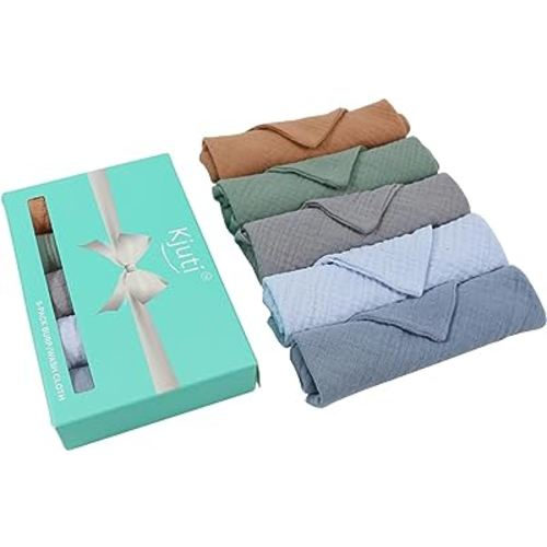 Kjuti Baby Muslin 100% Cotton Burp Washcloth - 4 Layer Hypoallergenic Saliva Soothe Face Washcloths - Burp Cloths 9x9 inch -Newborn Essentials -Burp Cloths for Baby Boy and Girl (ChromaBlend)