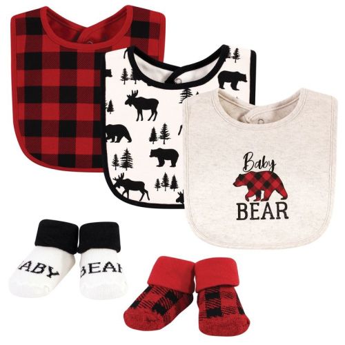 Hudson Baby Infant Boy Cotton Bib And Sock Set, Baby Bear Plaid