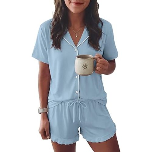 Ekouaer Womens Pajama Sets Button Down Short Sleeve Top and Shorts Cute Ruffled Pjs Sets Sleepwear