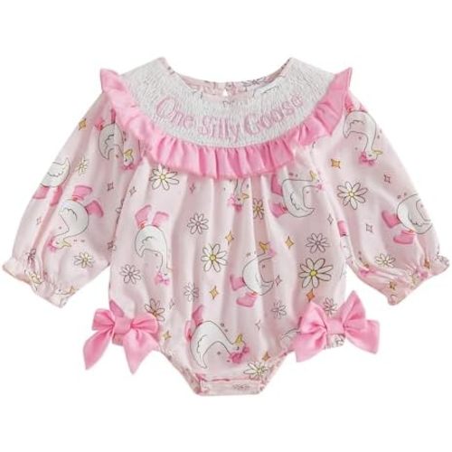 Baby Girl Fall Clothes Newborn Bubble Smocked Romper Silly Goose Outfit Infant Long Sleeve Onesie Cute Outfits